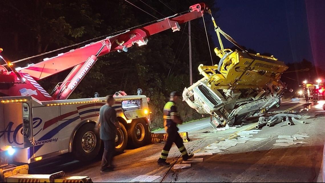 Concrete truck's tires blow, crash in Pittston