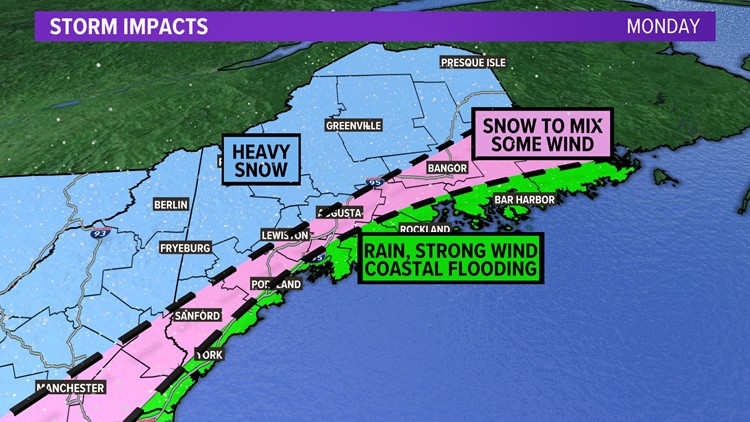 Strong storm to bring snow, wind, and rain to Maine on Monday