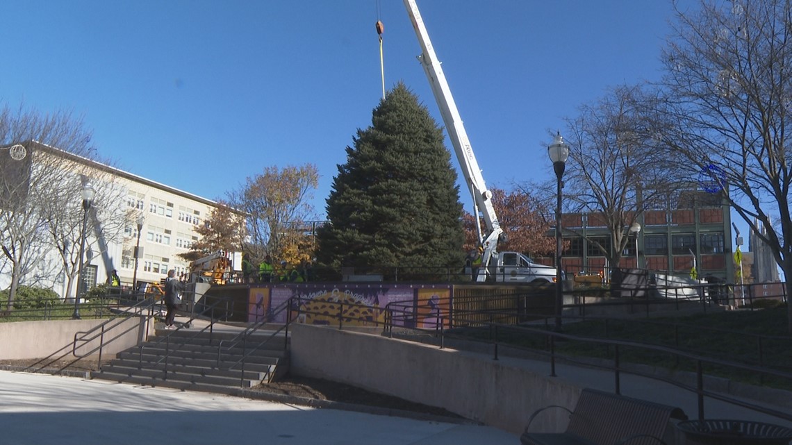 Christmas tree arrives at Lewiston's Dufresne Plaza