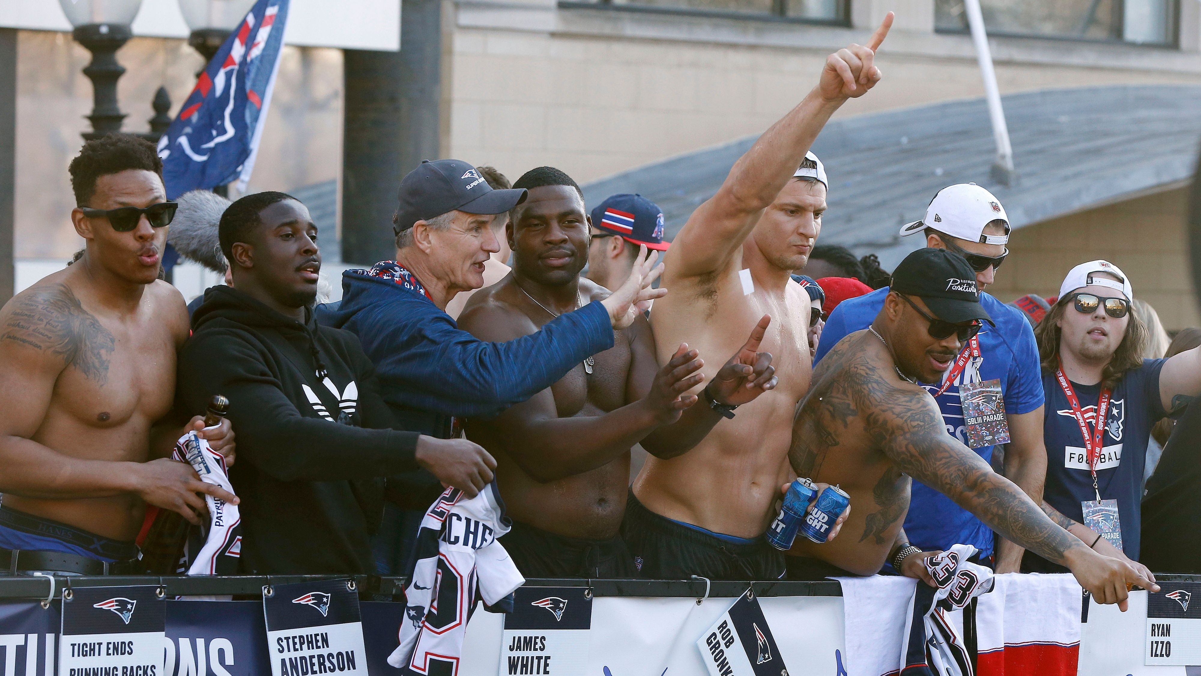 Gronk Gets Bonked By Beer Can During Super Bowl Parade