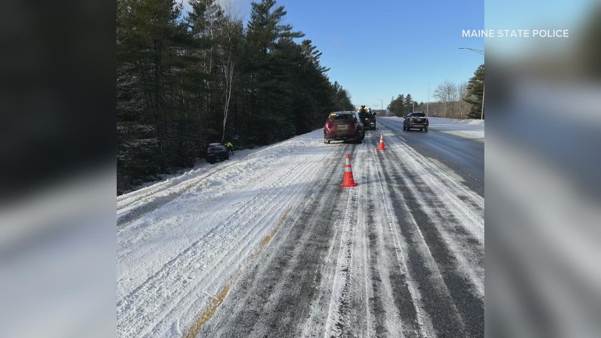 Maine State Troopers and the Northern Field Troop were called to more than 20 crashes and slide-offs during the small snowstorm, according to police.
