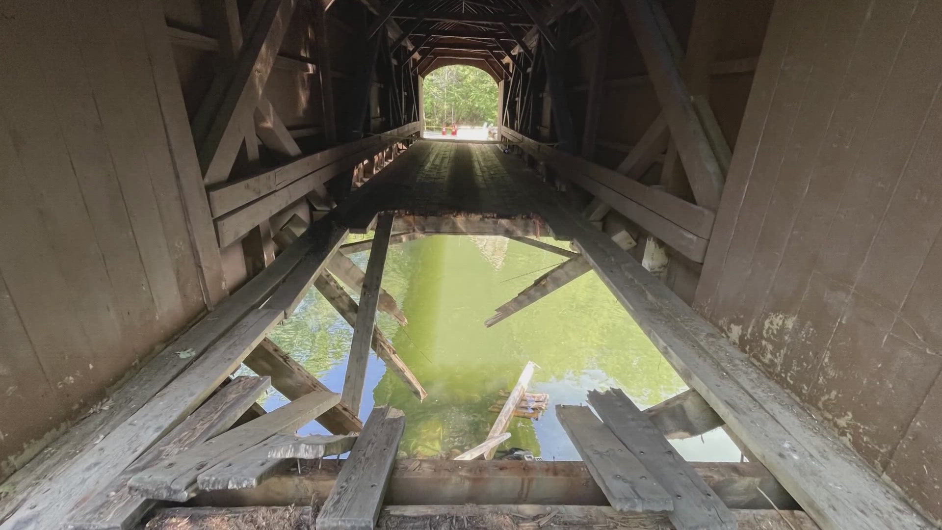 The covered bridge connects Gorham and Windham over the Presumpscot River. An overweight vehicle fell through the bridge Friday.