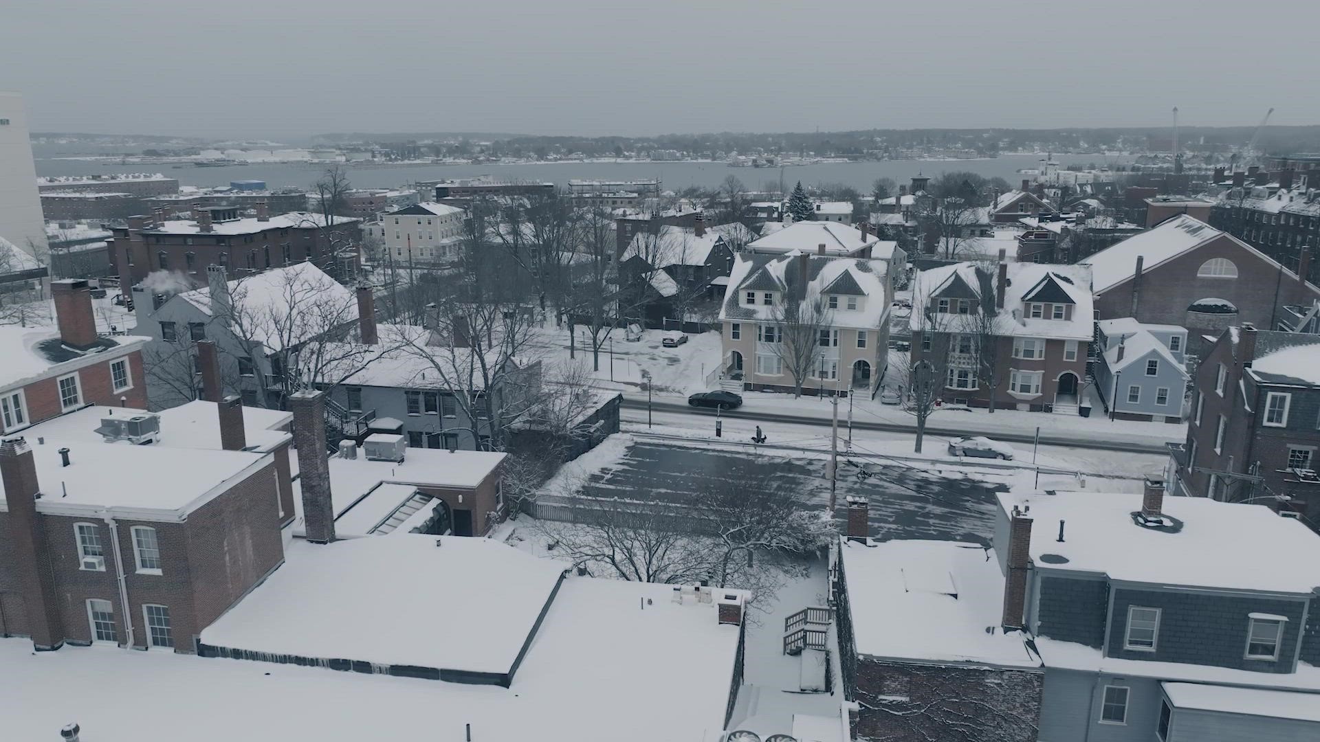 NEWS CENTER Maine sent up a drone to capture the freshly fallen snow in downtown Portland after the first wave in a long-duration snowstorm.