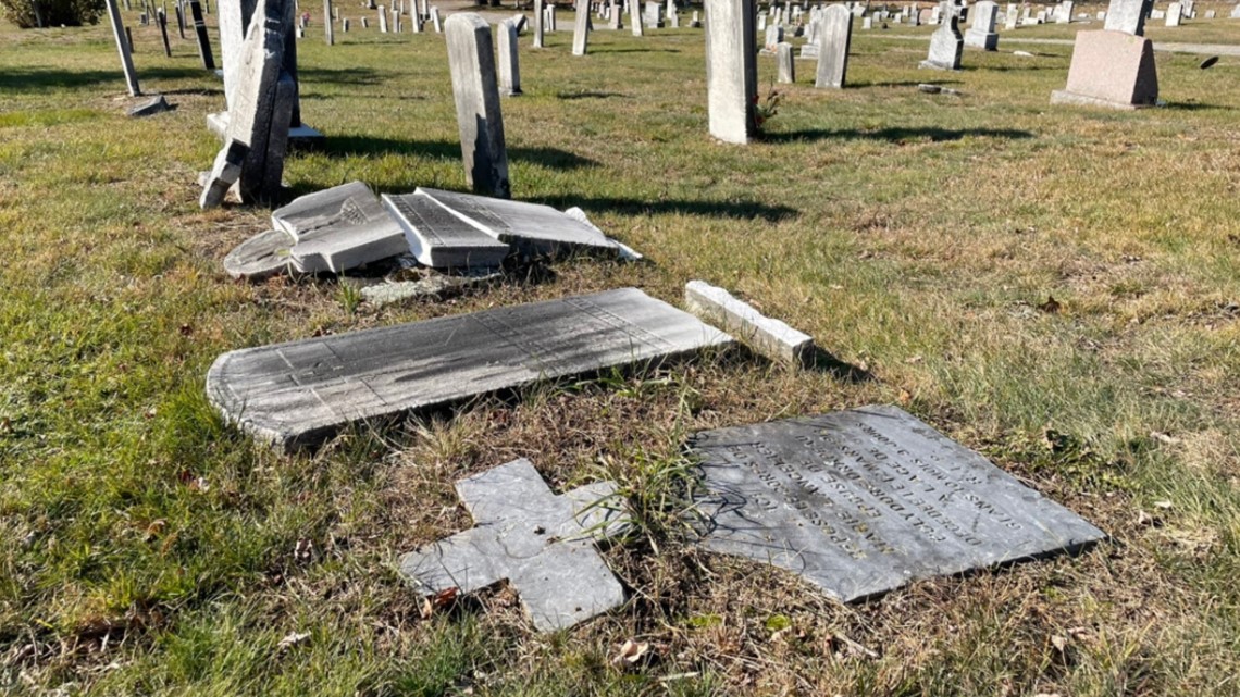 Dozens of gravestones toppled and broken in Lewiston cemetery