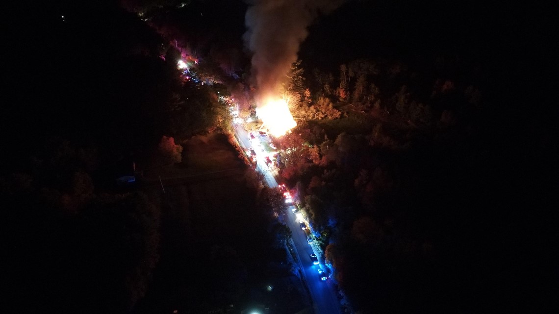 Drone photos of fire in Mechanic Falls
