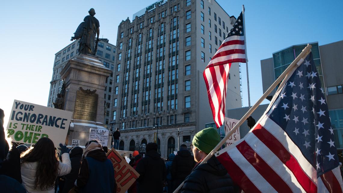 Over thousand protesters take to downtown Portland, calling for no ICE in Maine