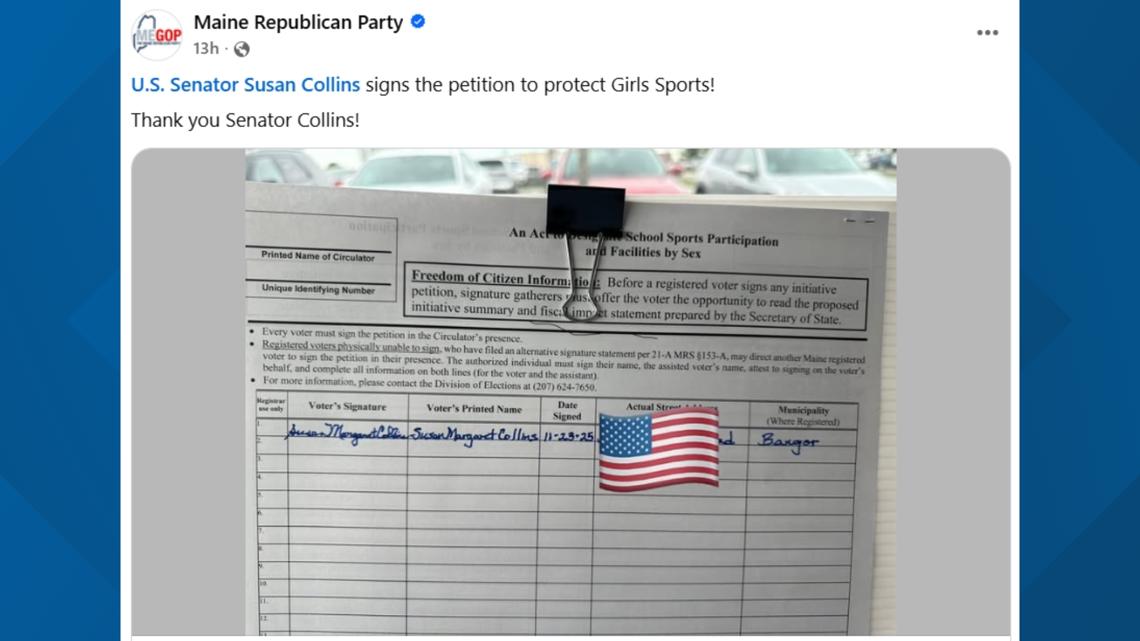 Sen. Susan Collins backs referendum to ban transgender girls from girls' high school sports