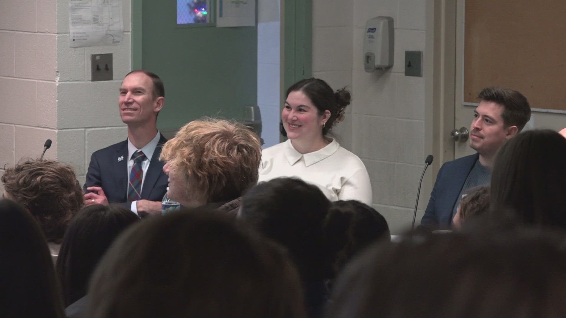 Six first-year business students at the University of Maine pitched their ideas to a panel of judges in a room with a packed audience to try and win a scholarship.