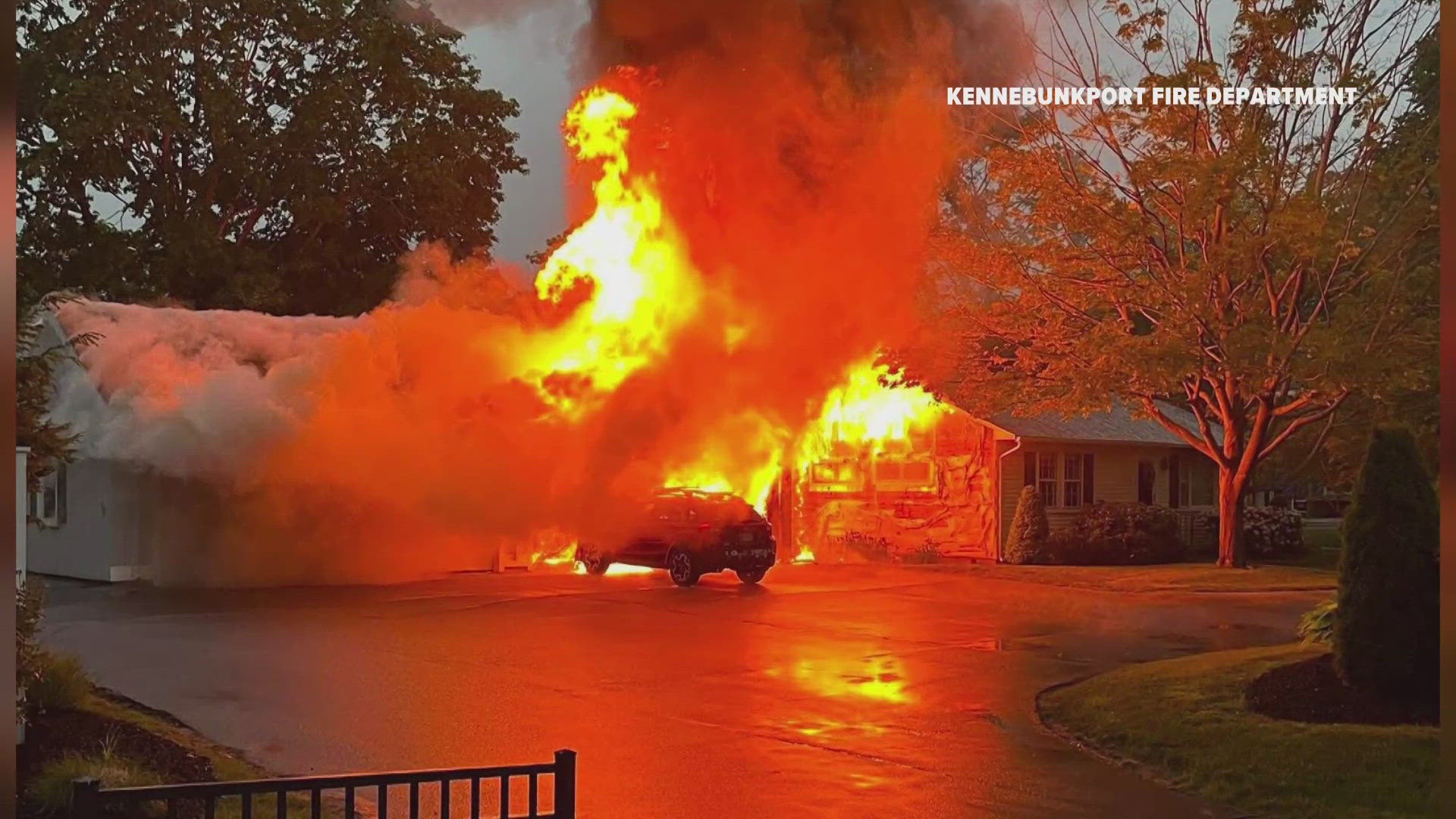 The Kennebunkport Fire Department said the fire involved a home, garage, and several vehicles. 