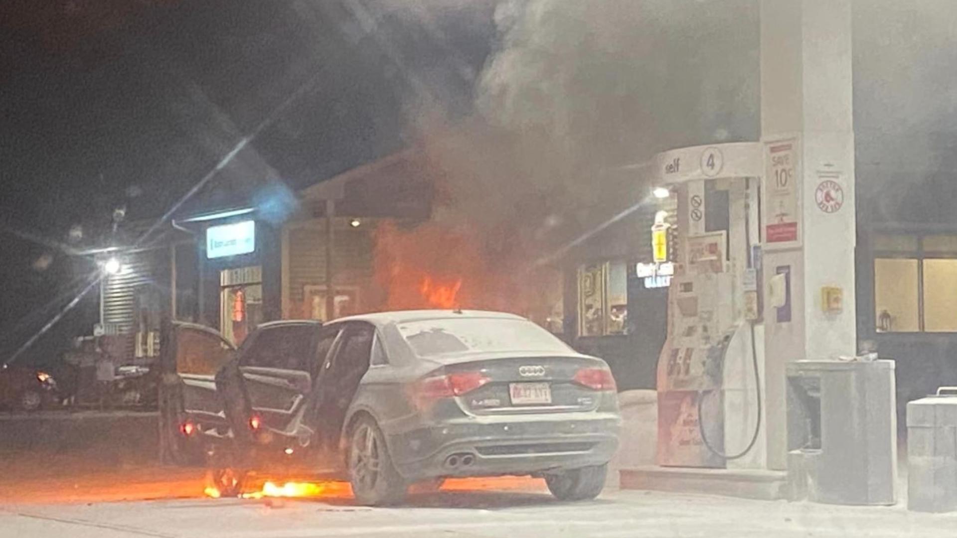 By the time emergency crews arrived at the gas station on Route 4, the vehicle was fully engulfed in flames, according to Turner Fire Chief Nicholas Merry.
