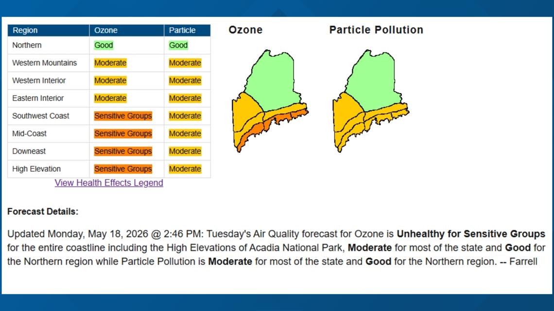 Poor air quality forecast for coastal Maine on Tuesday