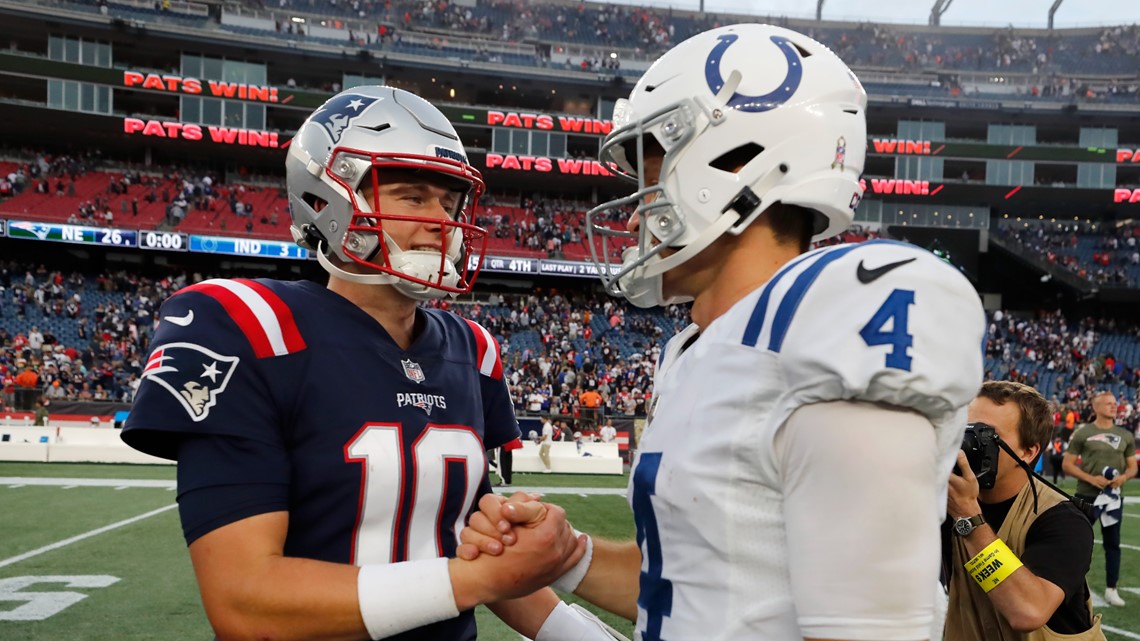 Indianapolis Colts quarterback Sam Ehlinger (4) plays against the New  England Patriots in the second half of an NFL football game, Sunday, Nov.  6, 2022, in Foxborough, Mass. (AP Photo/Michael Dwyer Stock