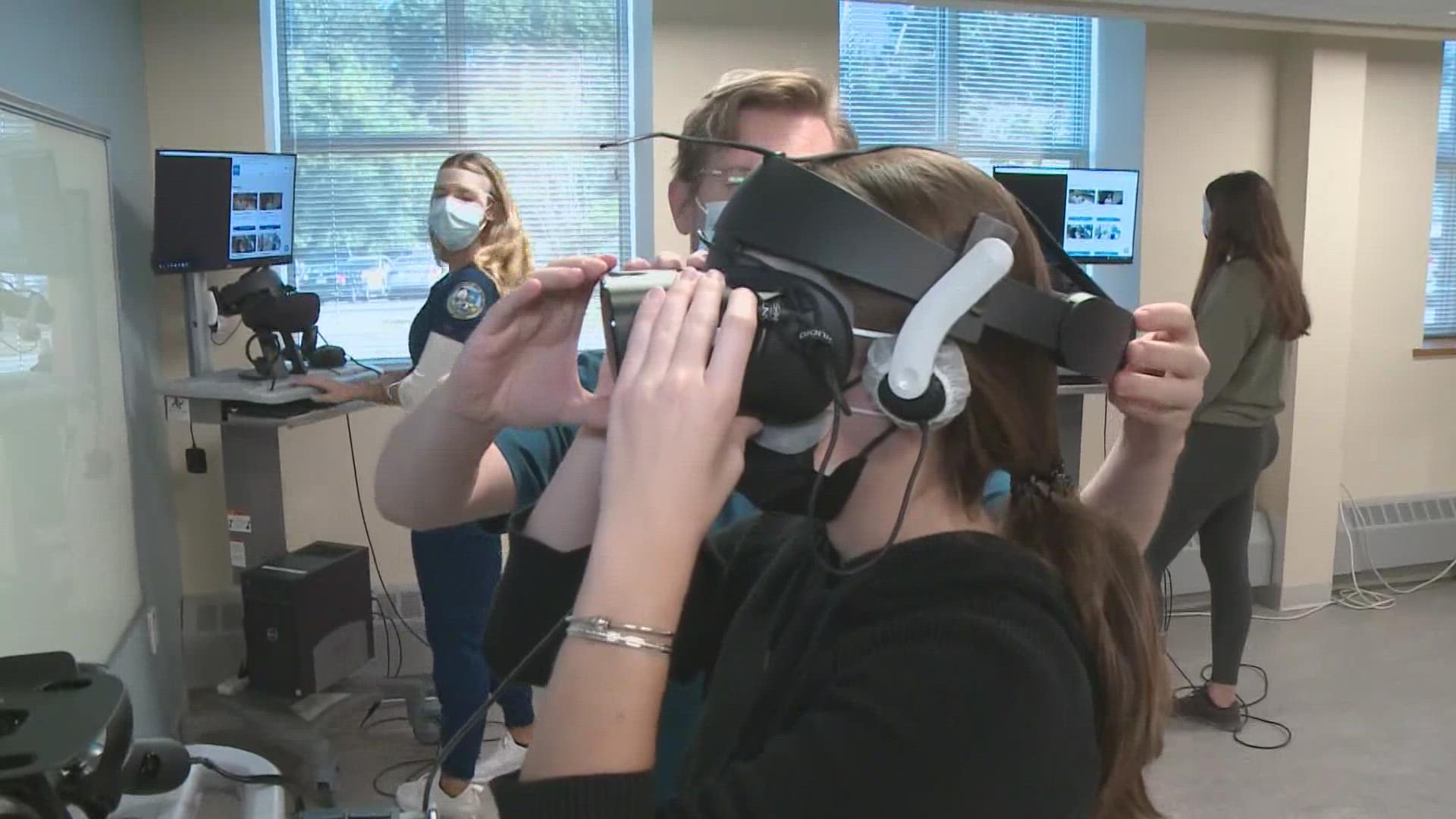 The nursing students are able to learn crucial skills using virtual reality simulations at a time when in-person training in limited.