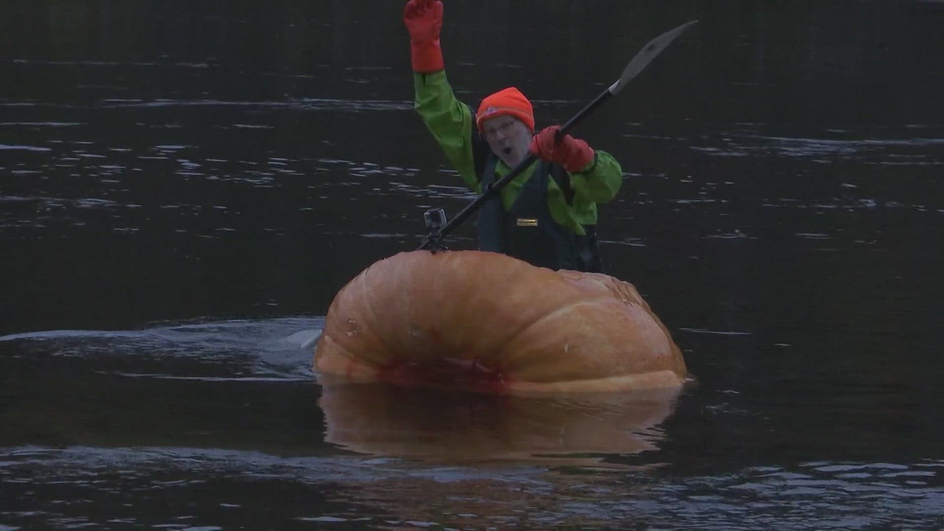 The man from Massachusetts paddled more than 40 miles from South Deerfield to Holyoke in a more than 1,000-pound pumpkin.