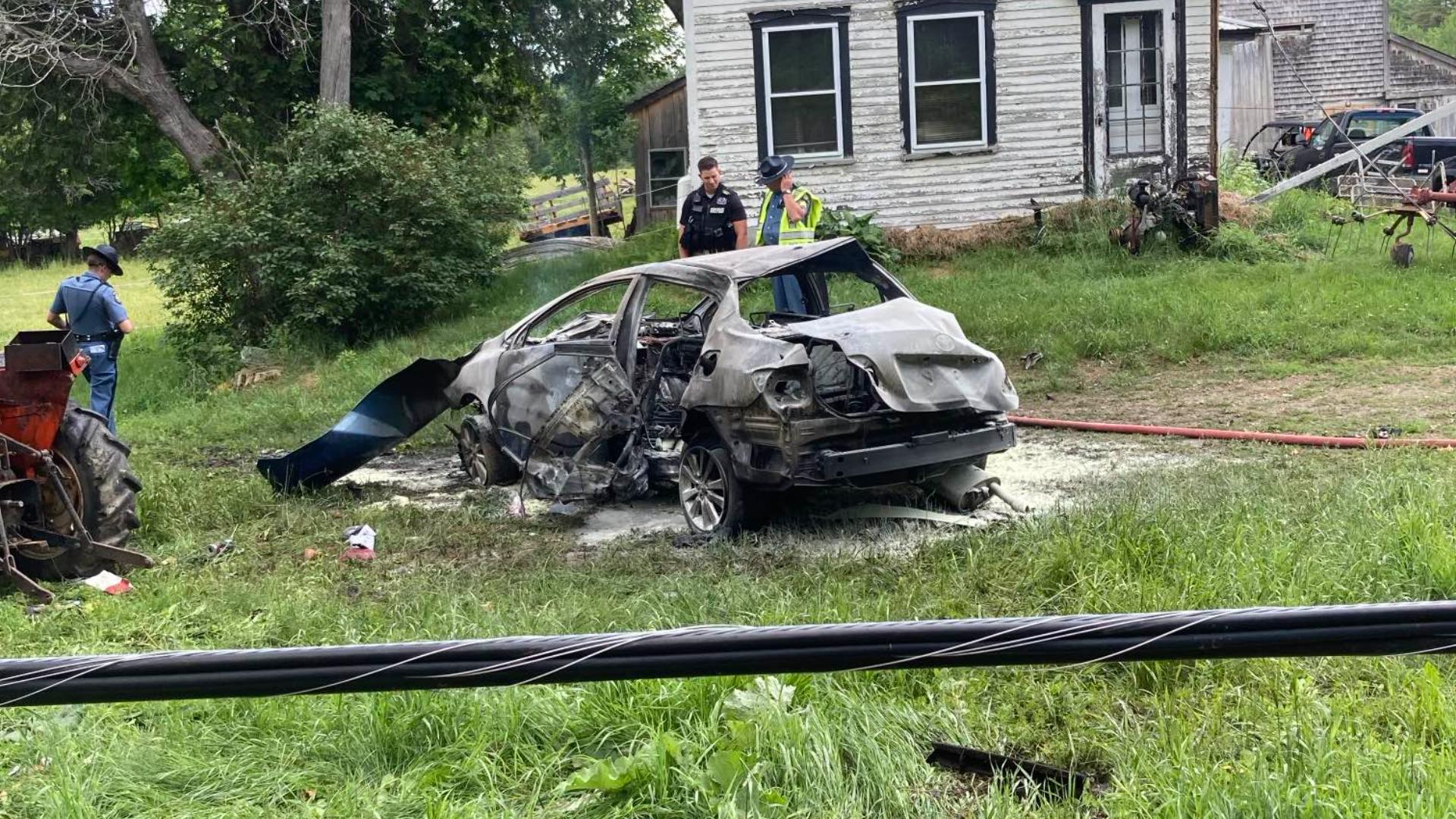 The woman was reportedly ejected from her vehicle during the crash before the vehicle burst into flames, an emergency official said.