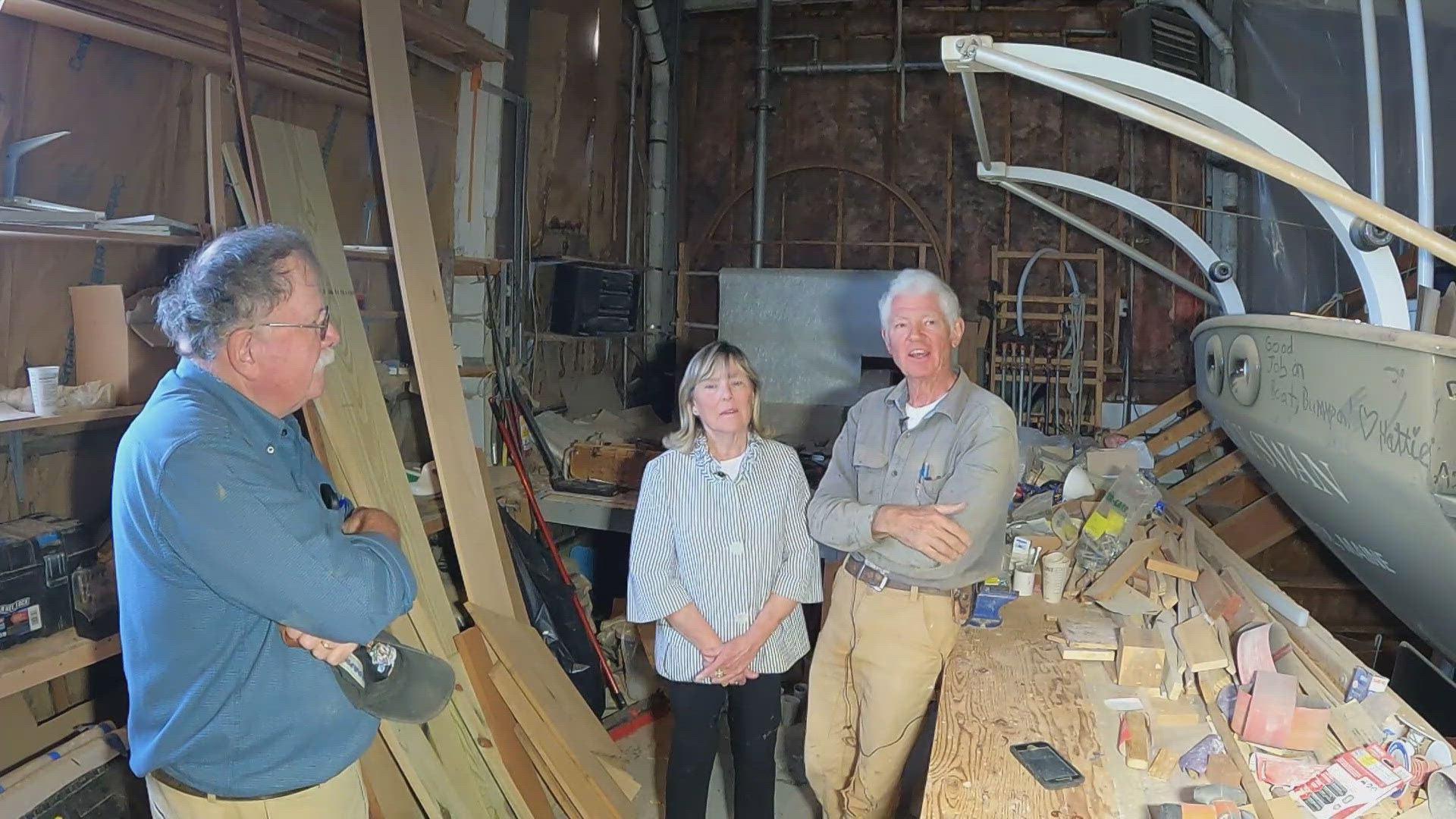 John Paul began building the boat when he lived in New Jersey. Now he's nearing completion on the Maine coast.