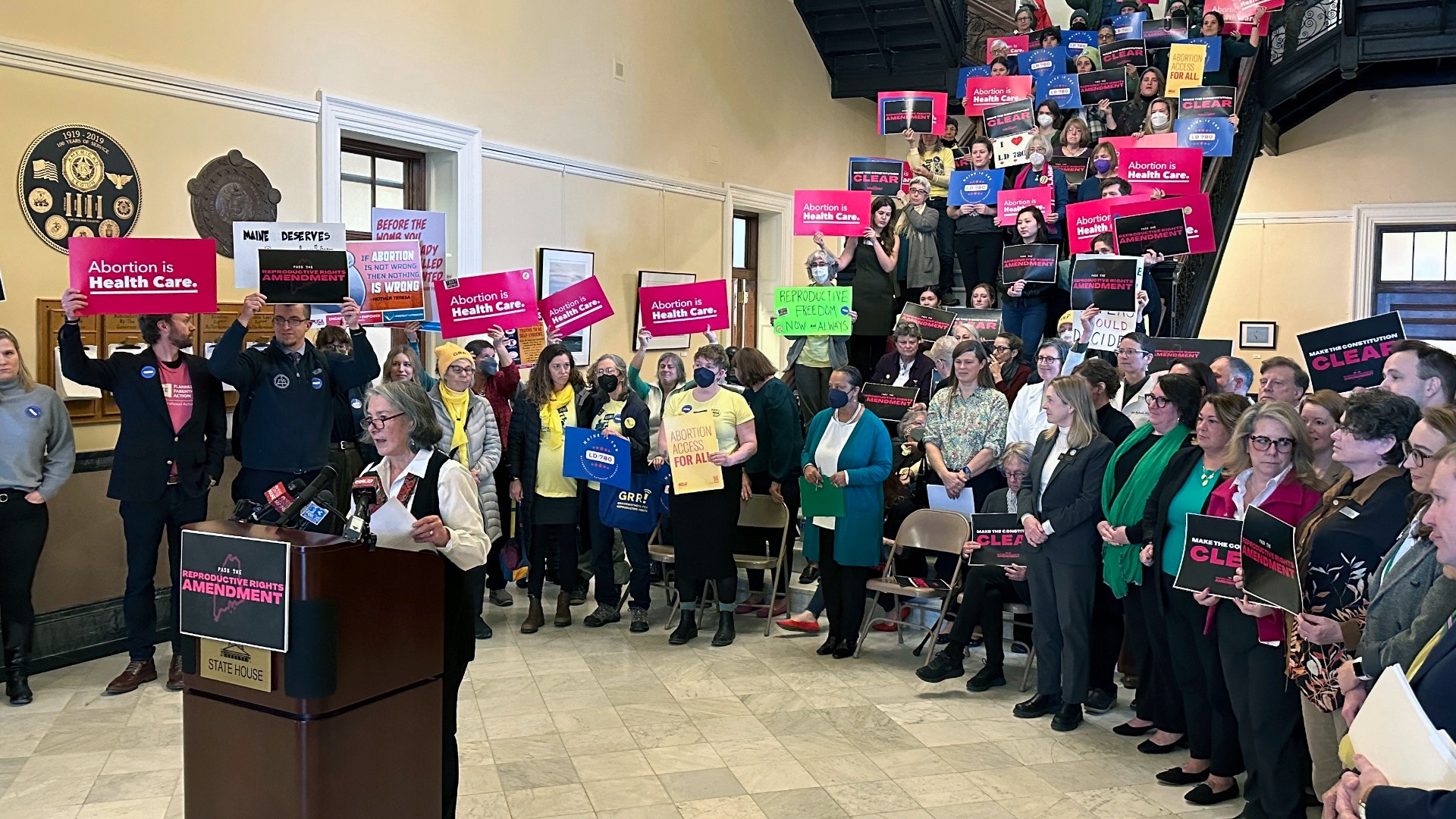 Mainers for and against bill LD 780 gathered at the State House in Augusta on the 51st anniversary of Roe v. Wade for a rally and public hearing.