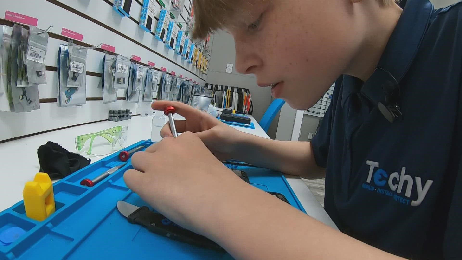 Parker Redlevske, 14, owns the new electronics repair store, Techy Waterville, at Elm Plaza.