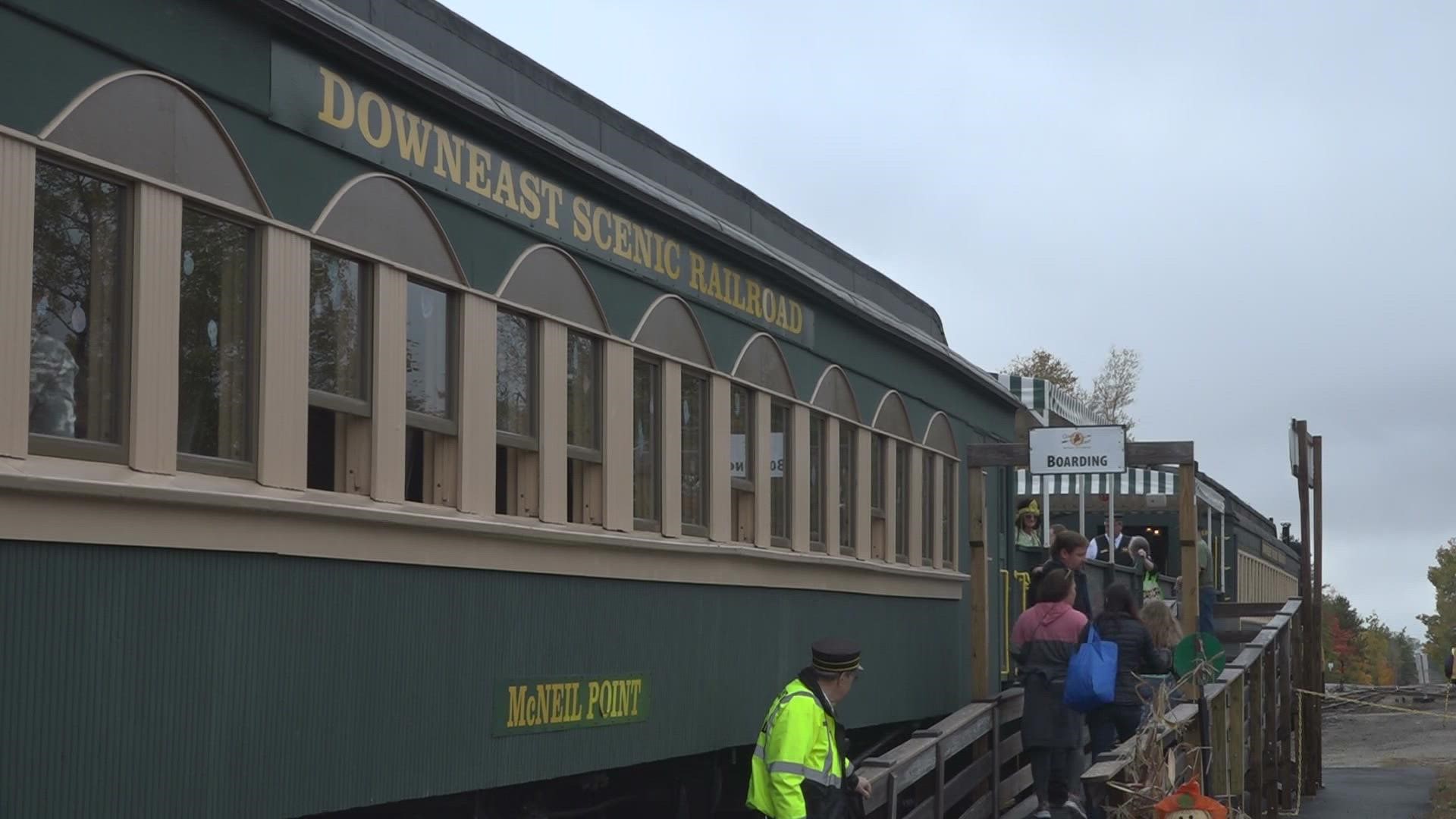 The historic train gears up Mainers of all ages for Halloween with decorations and a pumpkin patch pit stop.