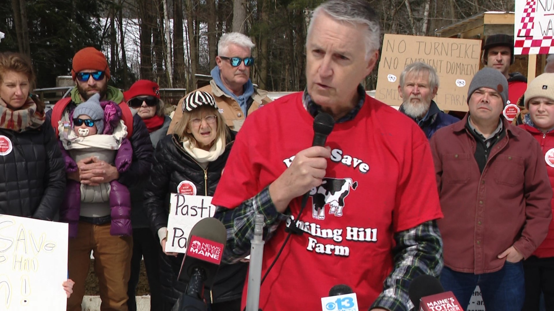 The farm's owners, local residents, and representatives of the Sebago Chapter of Trout Unlimited gather Monday to announce their opposition to the plan.