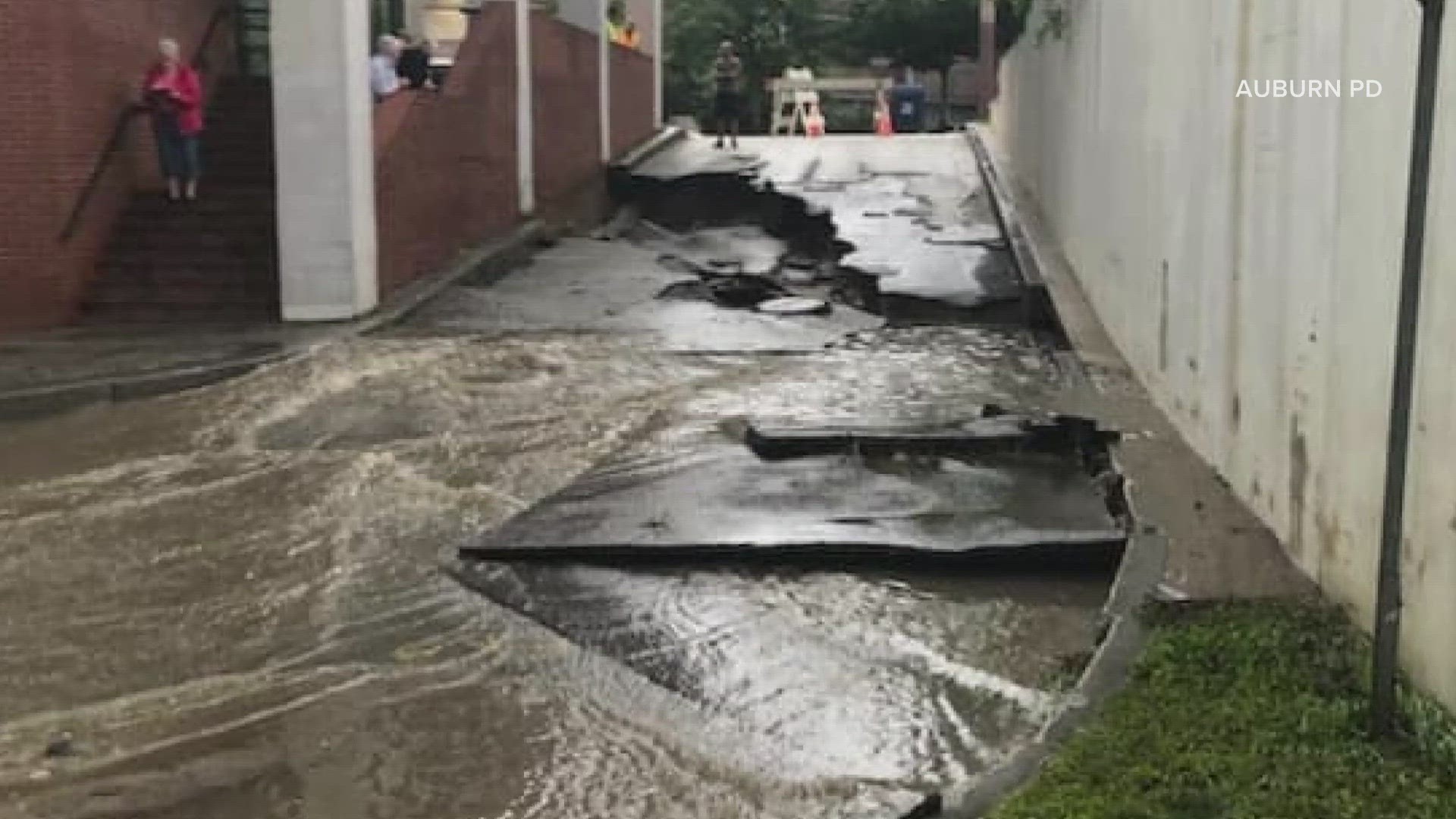 The torrential downpours caused a portion of the Auburn Riverwalk to get washed away, and repair work will need to be done to that area.