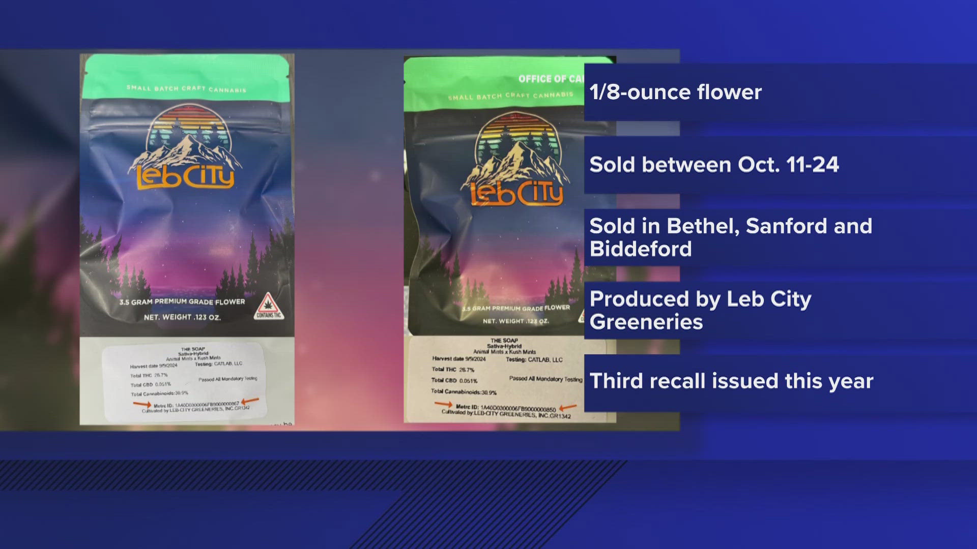 The recall is for select adult-use flower produced by Leb City Greeneries, purchased between Oct. 11 and Oct. 24.