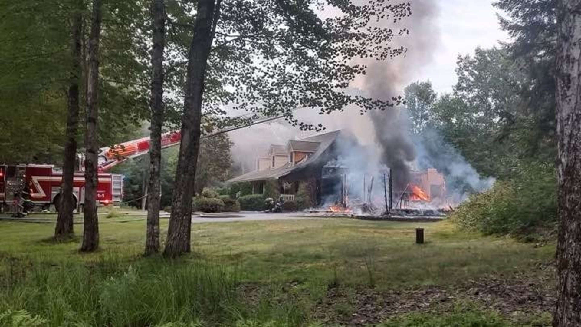 The fire was reported on Gebung Road, which was closed at the intersection of Gore Road while officials responded to the scene.