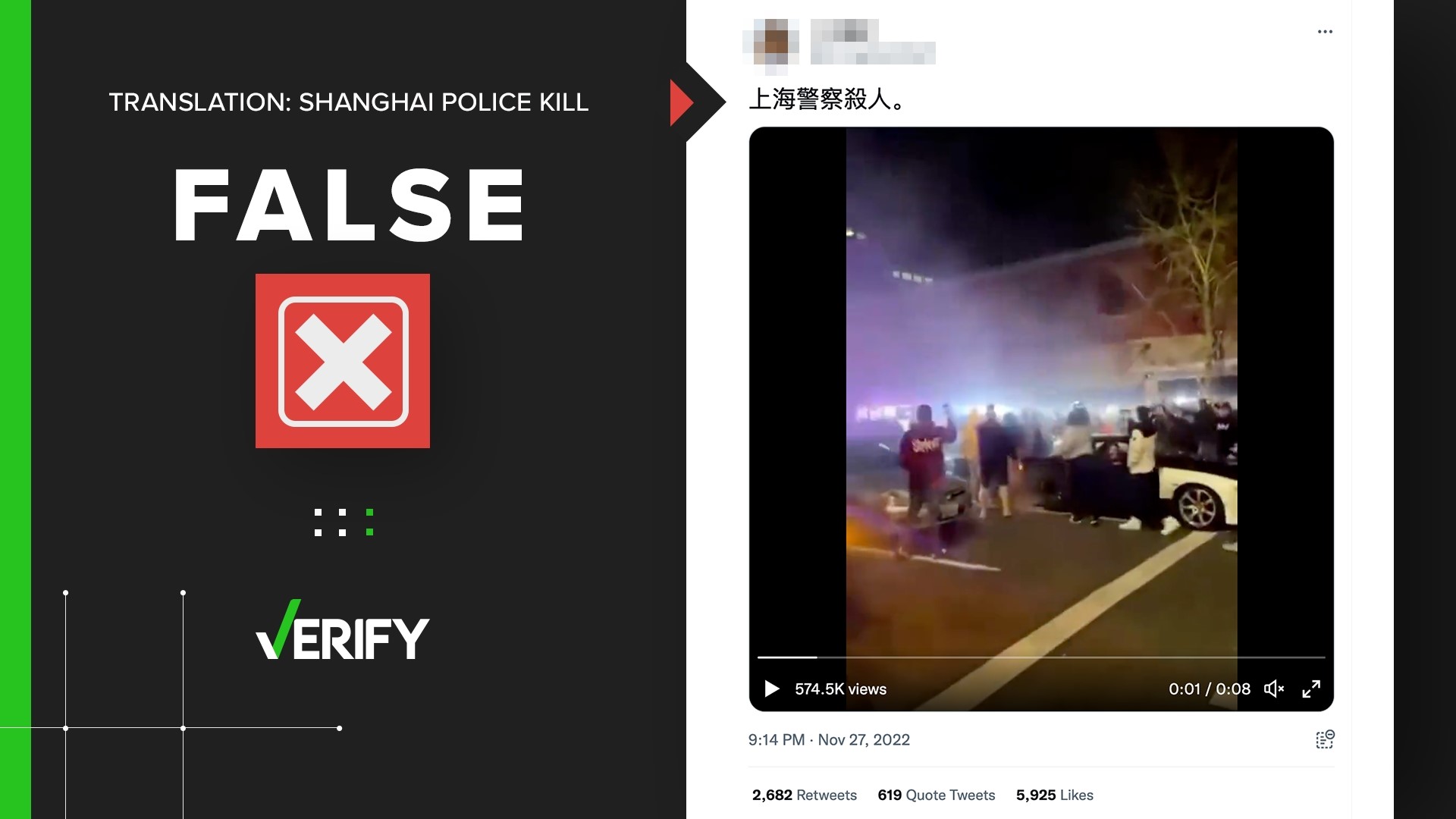 A video of a police vehicle colliding with a group isn’t from the COVID-19 protests in China. It’s a 2021 video from a street race in Tacoma, Washington.