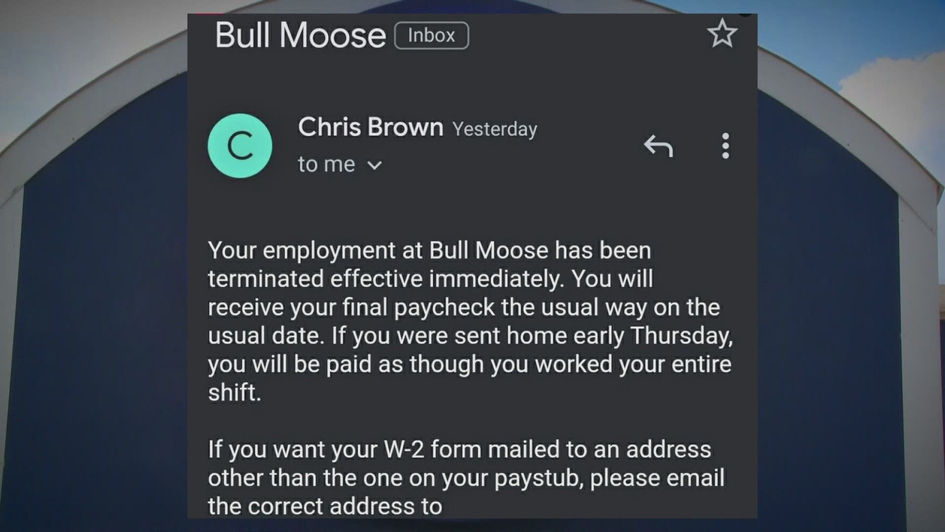Bull Moose CFO, Chris Brown, says he cannot comment on any terminations.