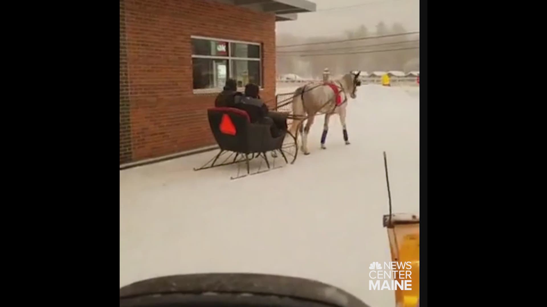 Mike and Charlene Cushing of Farmington were in need of some hot chocolate Sunday, Jan. 20, during the stormy weather so they hitched up their standardbred and galloped over to the local McDonald's.