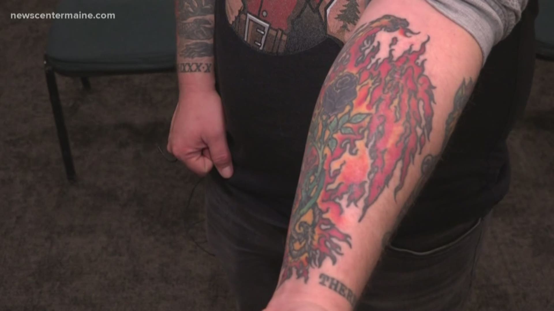 Veterans, active duty and retired, pull up their sleeves and show off their ink with members of the community to benefit the Maine Veterans Project.
