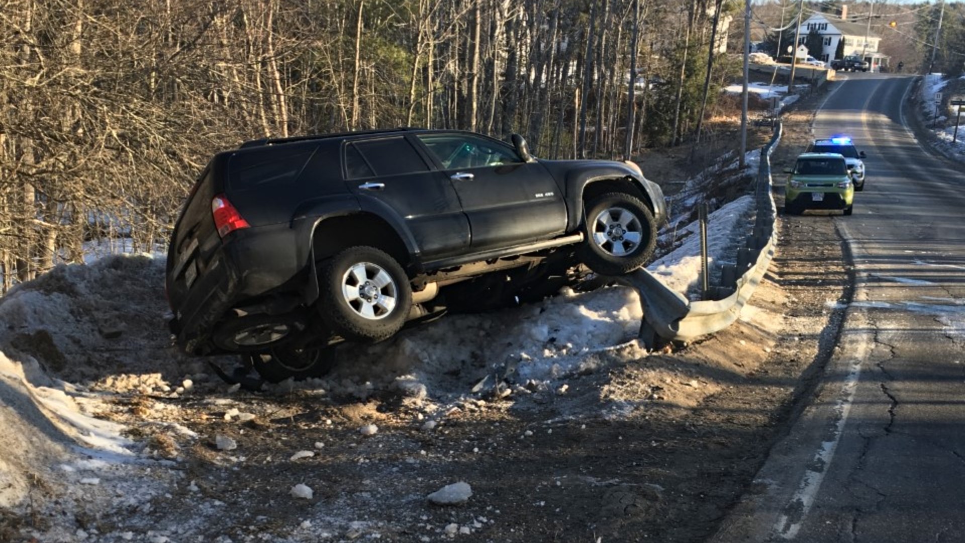 Icy road causes car to crash into and rollover guardrail in Shapleigh ...