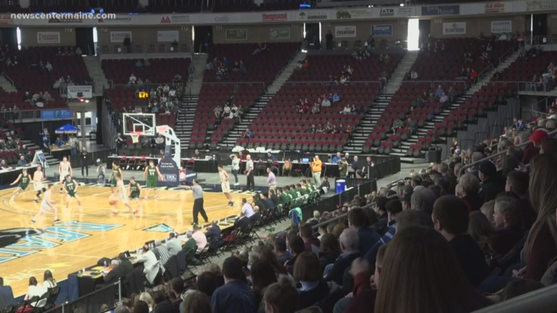 Caribou Vikings compete in the Class B basketball Quarterfinal matchup at the Cross Insurance Center in Bangor.