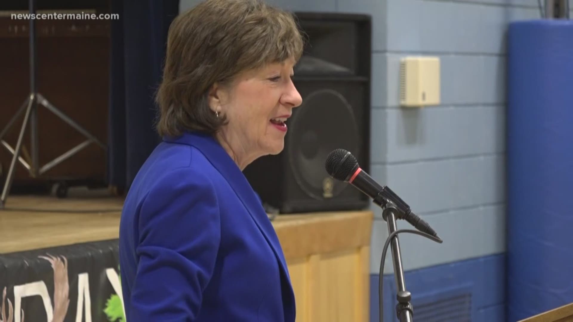 Sen. Susan Collins visited Weatherbee Elementary School Friday for Maine's 199th birthday and touched on her decision to block Trump's national emergency declaration.