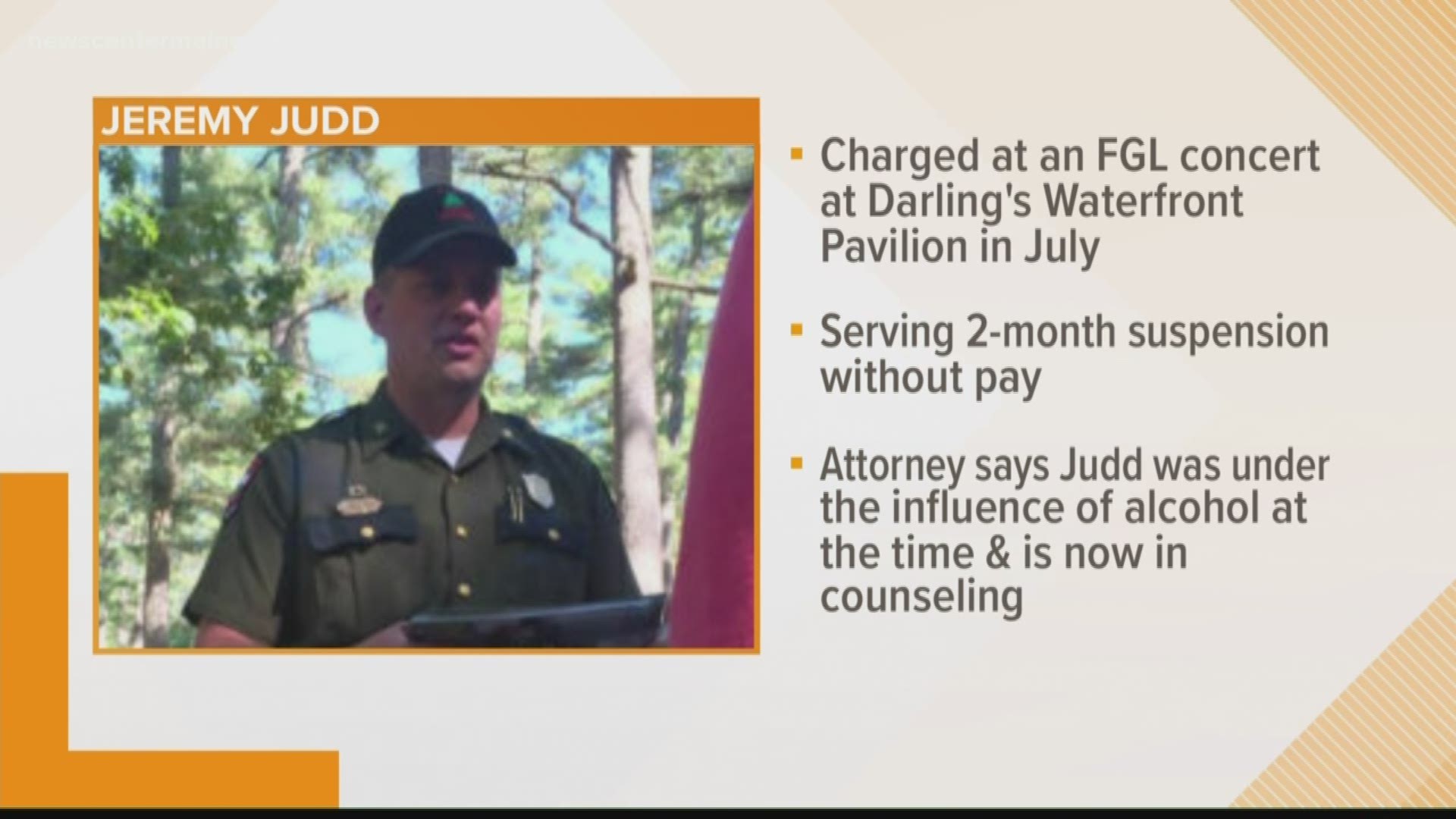 Jeremy Judd, a Maine game warden, has pleaded guilty to charges or disorderly conduct as a result of behavior at a concert in Bangor in July.