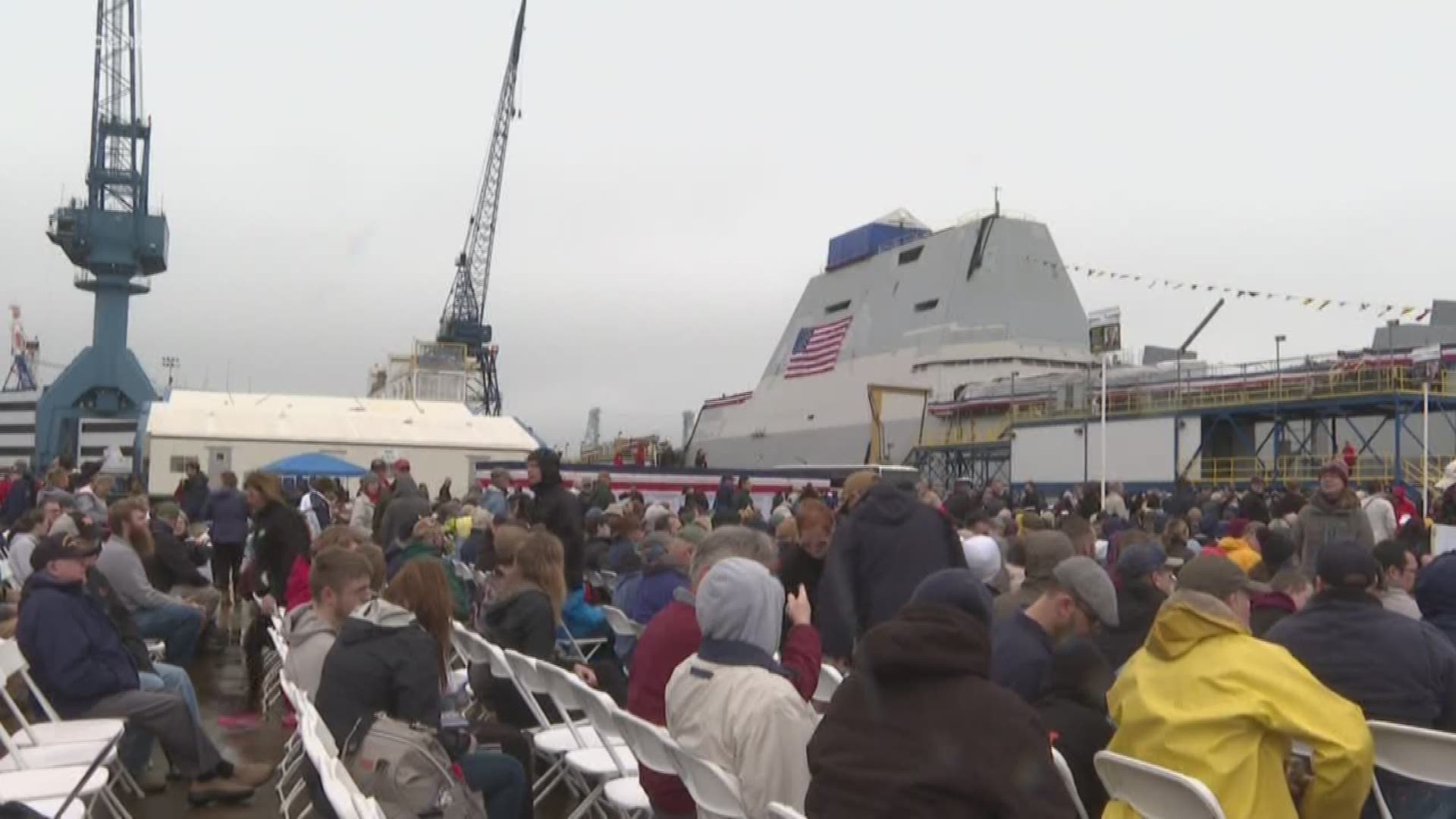 Former President Lyndon B. Johnson's daughters christened the warship at a ceremony in Bath.