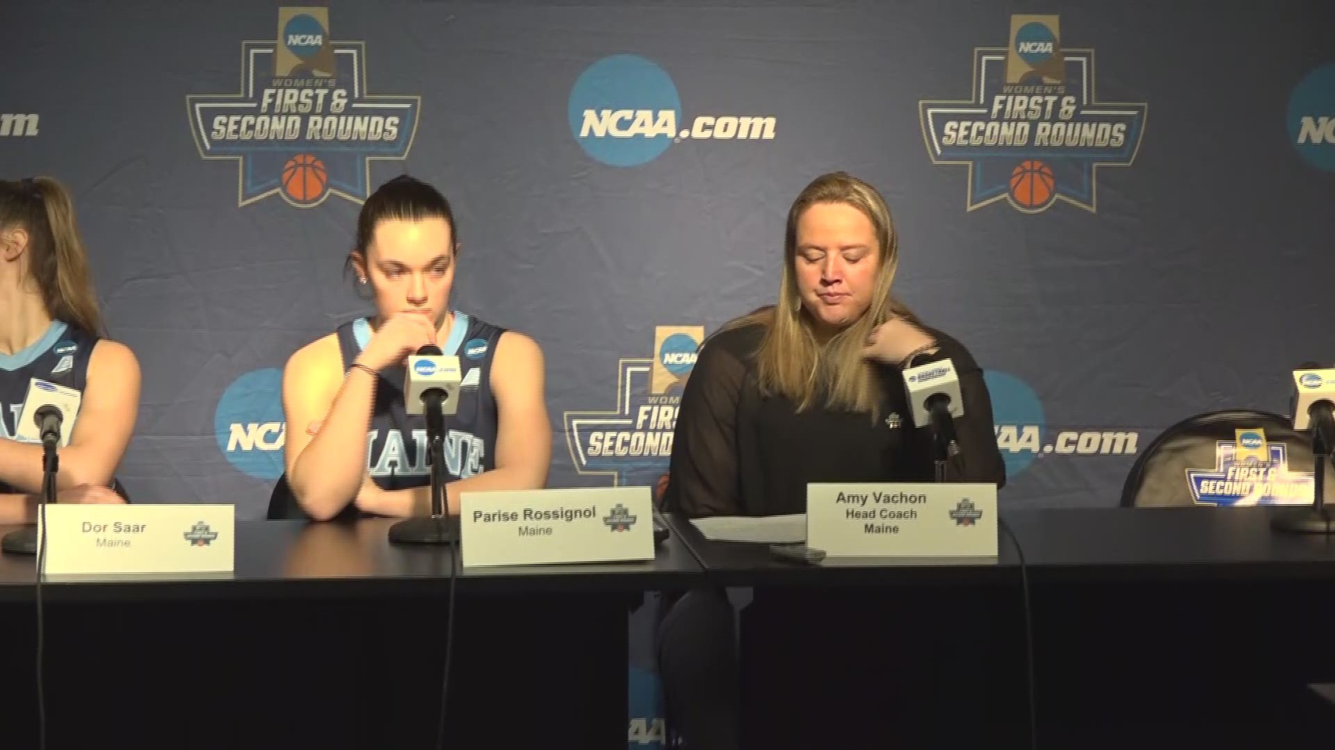 Head coach Amy Vachon and players Parise Rossignol and Dor Saar react to the 63-51 loss at NC State.