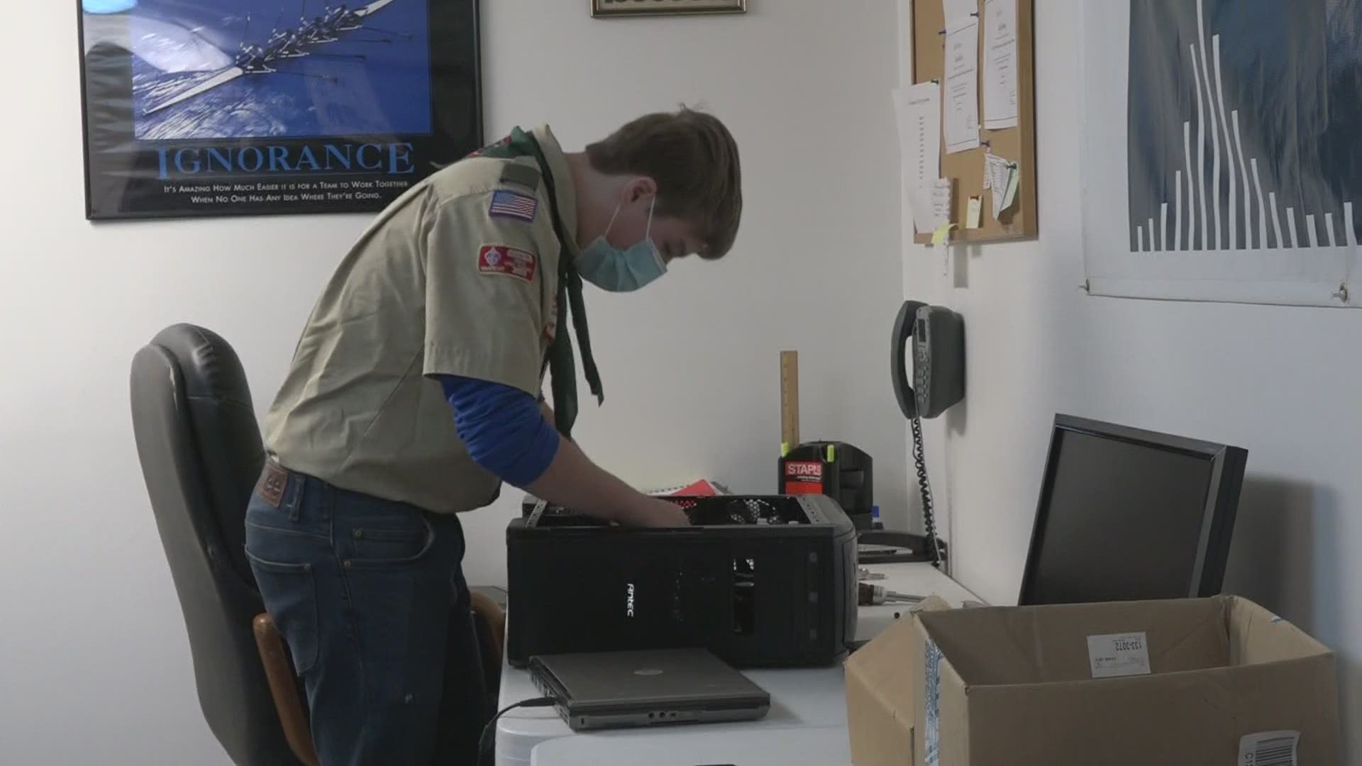 Old Town Boy Scout Ryan Kelly is fixing old computer equipment and donates to others for their school needs