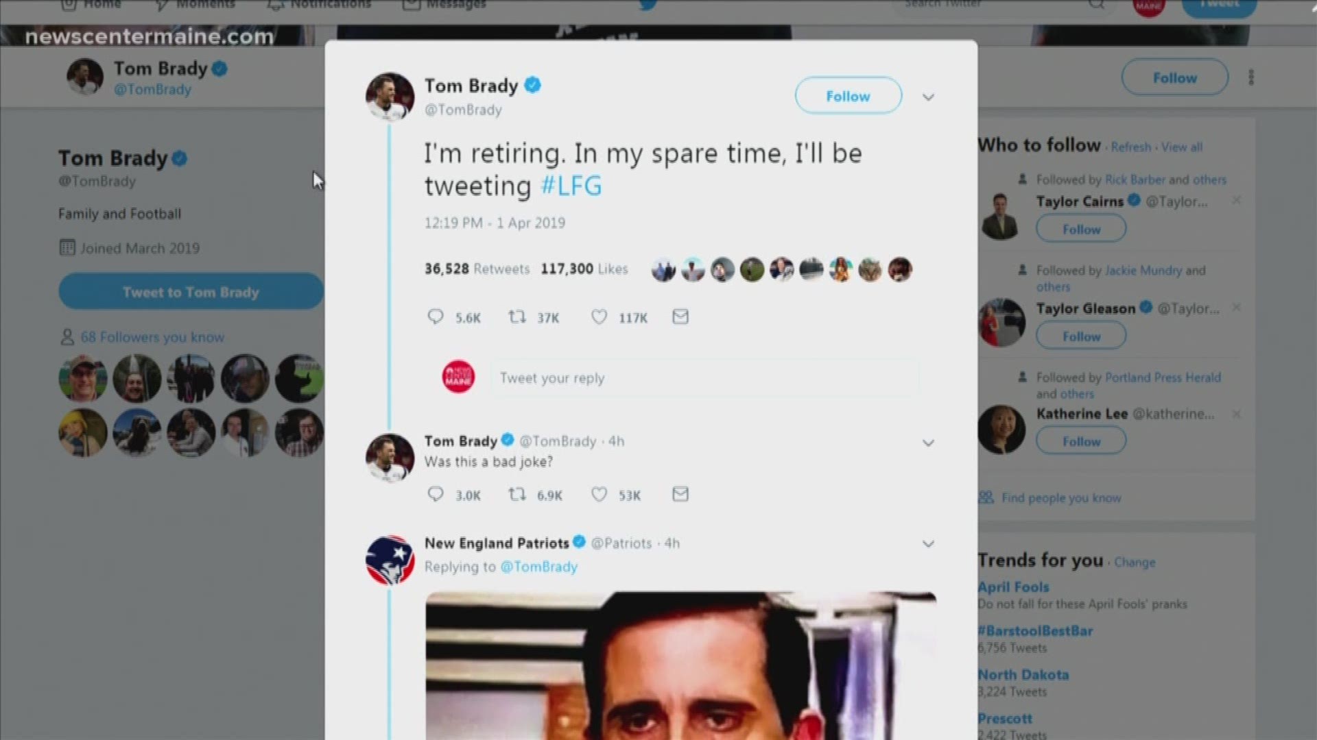Tom Brady joins Twitter on April Fools' Day, says he's 'retiring'