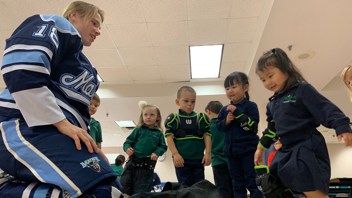UMaine Women's Ice Hockey team passes on life lessons to preschoo