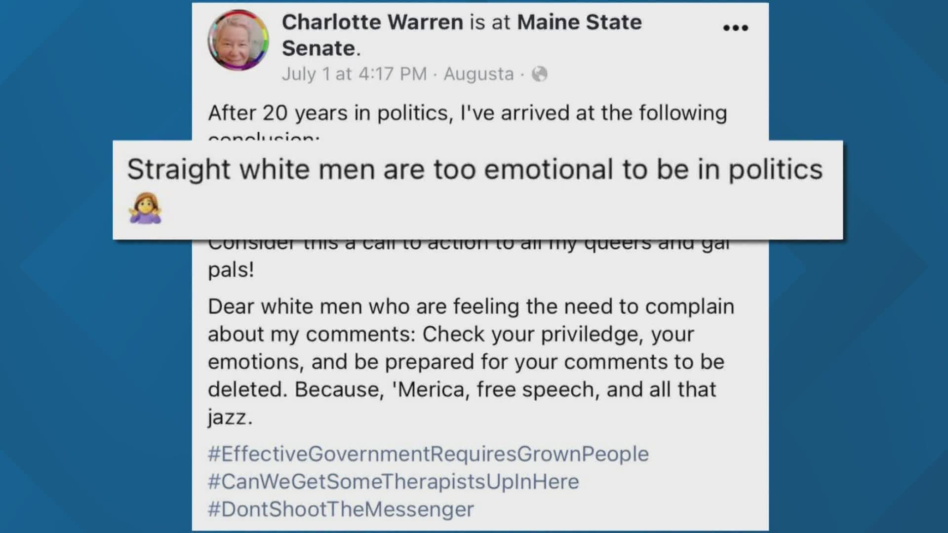 Rep. Charlotte Warren shared a statement with NEWS CENTER Maine saying the post was "tongue-in-cheek and intended to poke fun."