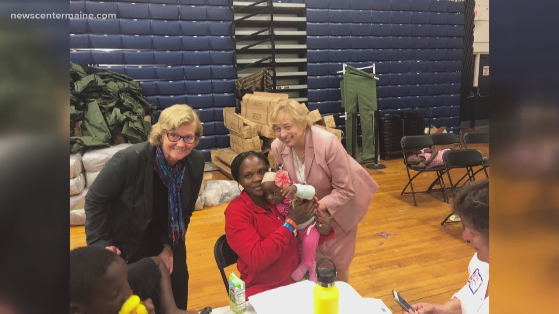 Gov. Janet Mills and Rep. Chellie Pingree visited asylum seekers at the Portland Expo on Friday.