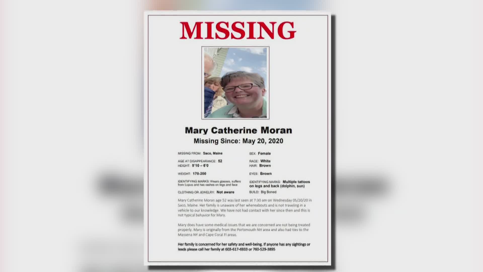 Mary Catherine Moran of Portsmouth, New Hampshire was last seen in Saco on Wednesday around 7:30 PM.