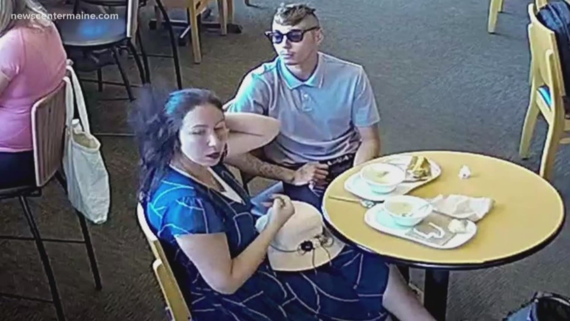 South Portland police say two people caught on surveillance camera are suspected of stealing credit cards while out to eat at a restaurant.