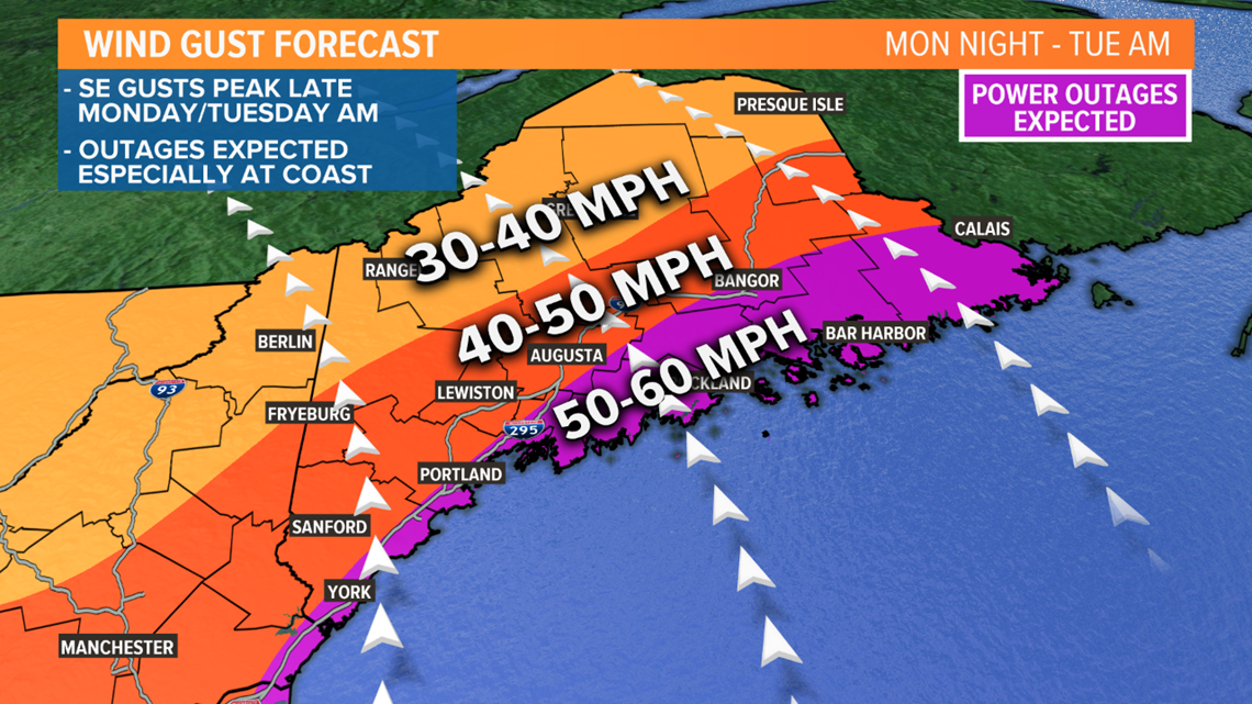 Wind, Heavy Rain and Outages to start the week in Maine