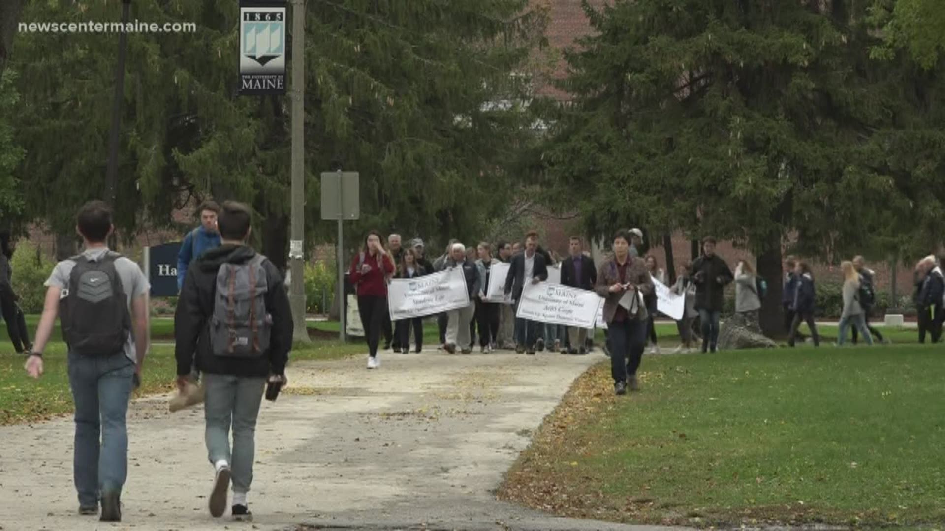 UMaine students and advocates met in front of Fogler Library Wednesday for a march and speeches raising awareness about domestic violence.