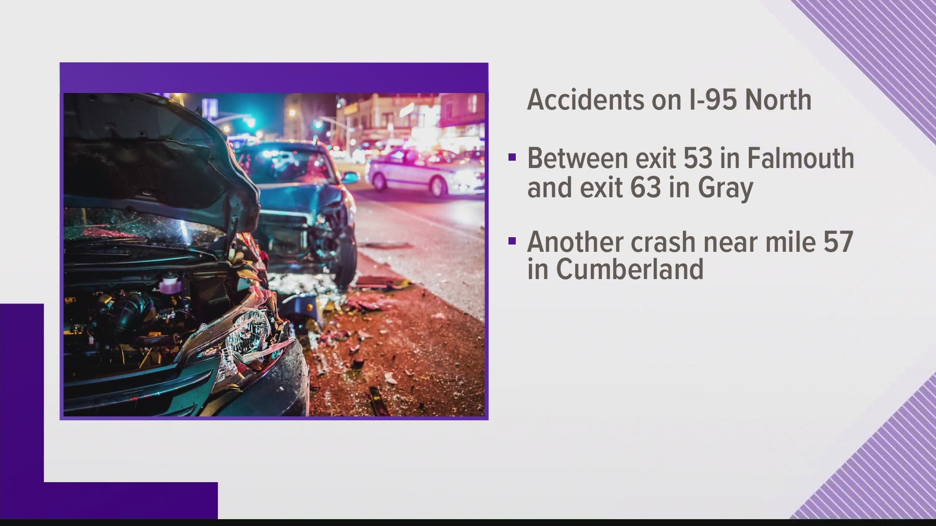 There is a crash on the Maine Turnpike northbound between exit 53 and 63, and another crash at mile 57. Use caution and expect delays