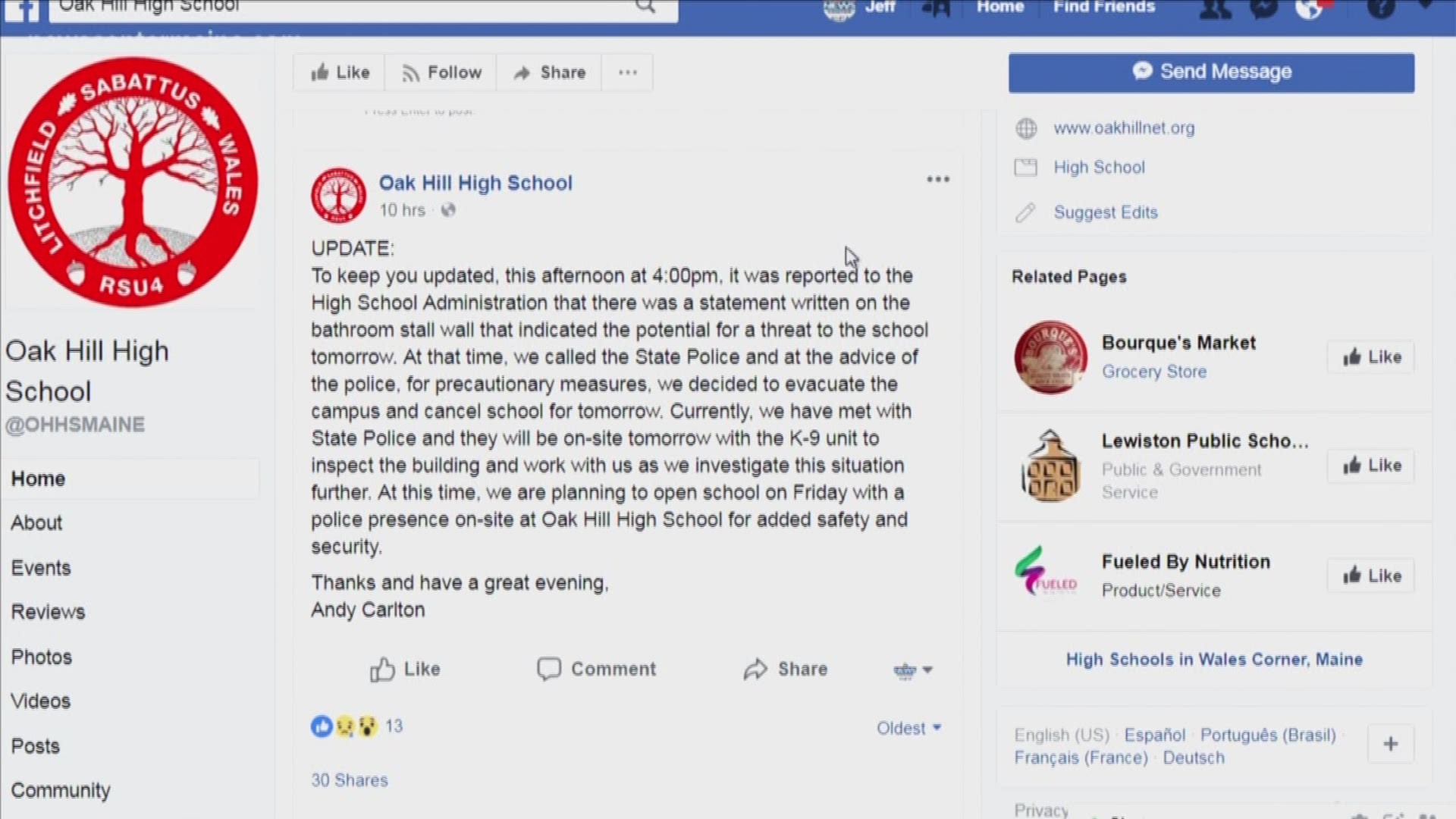 Oak Hill High School closed Thursday due to threat