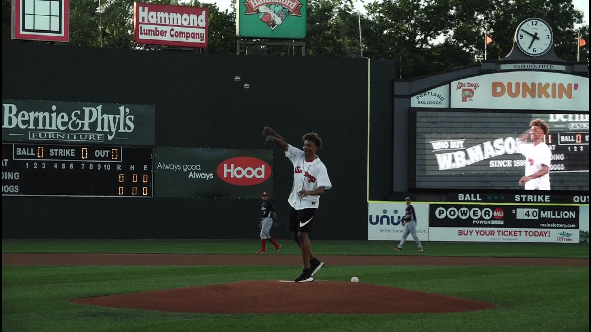 Romeo Langford, a first draft pick for the Boston Celtics, threw the first pitch at Hadlock Field for the Portland Sea Dogs' Tuesday game.
