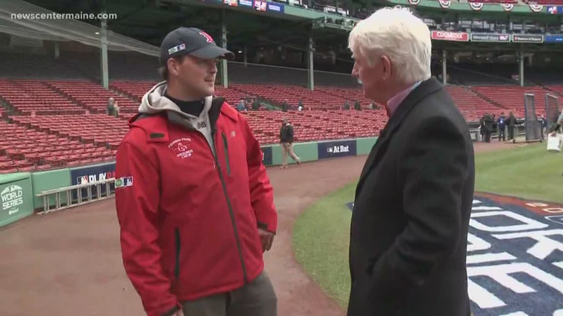 Bill Green introduces Jensen Orweiller, a member of the grounds crew at Fenway Park. Jensen did not paint the World Series Logo on the field, but he did do the American League Championship Series logo. He said it was nerve-wracking to do so and that they